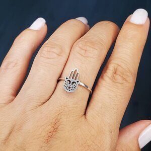 Hand Sterling Silver Ring - Hamsa Minimalist Hand of Fatima Protection Amulet